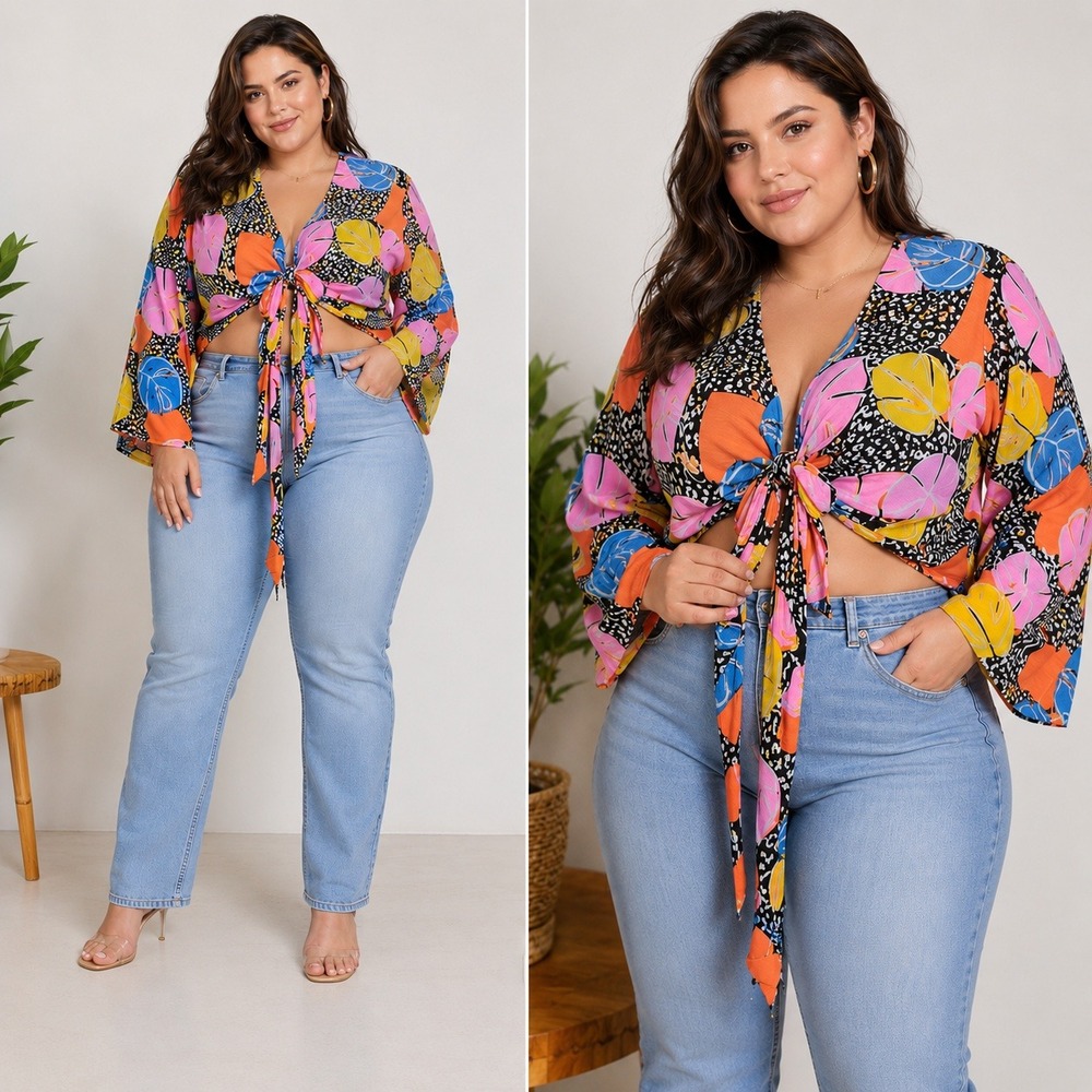 Capsule Womens‎ Plus Size 22 Tropical Leopard Print Tie Front Crop Blouse DZ604